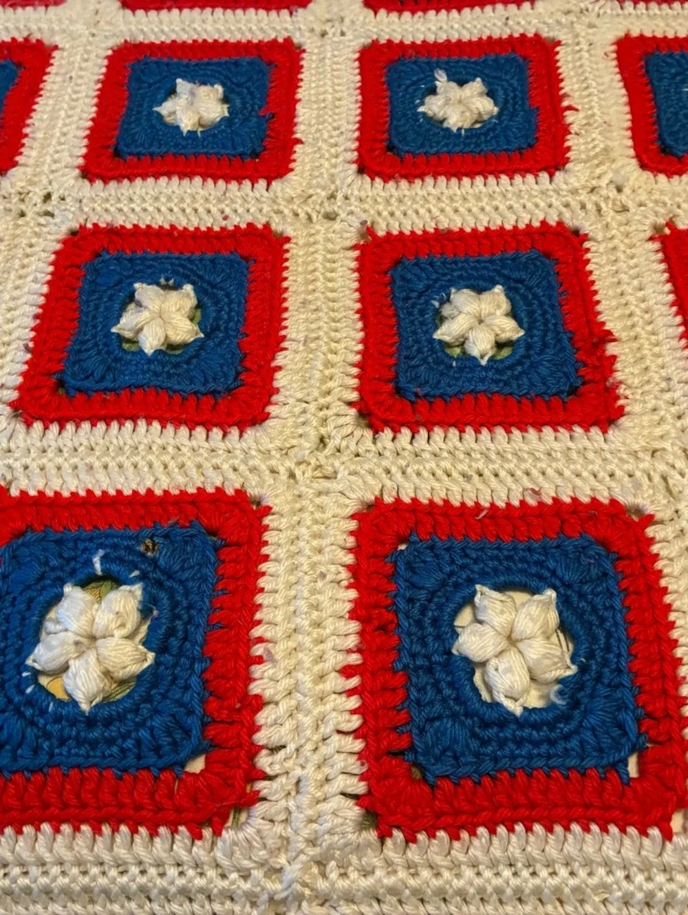 Handmade Crochet Afghan Blanket with Red,white,blue Squares
